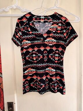 Vanity Black V-Neck Short Sleeve Top with Coral & Mint Aztec Print